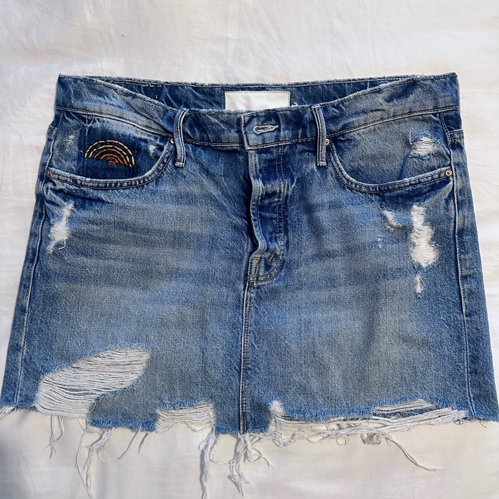 MOTHER Blue Distressed Denim Mini Skirt